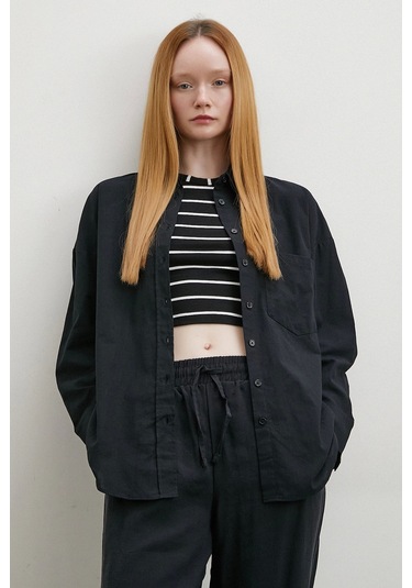 Keten Karışımlı Oversize Gömlek Siyah Siyah