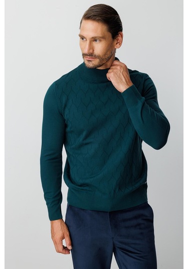 Petrol Standart Fit Dar Kalıp Yarım Balıkçı Düz Uzun Kollu Triko-10088 Yeşil