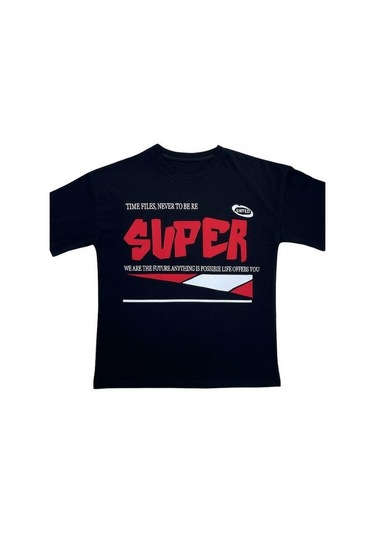 Çocuk Super Yazılı Pamuklu Oversize T-shirt-16016 SIYAH