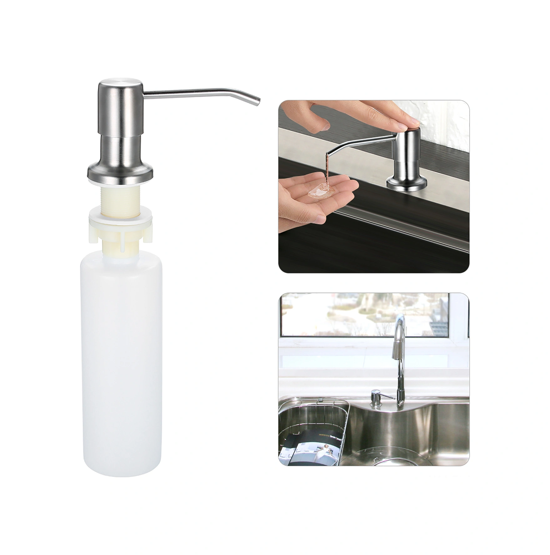 Hombey 300ml 304 Paslanmaz Çelik Sabun Dağıtıcı, Mutfak Lavabo Banyo Lavabosu Kullanıma Hazır, Kolay Kurulumlu El Sabunu Depolayıcı Gümüş