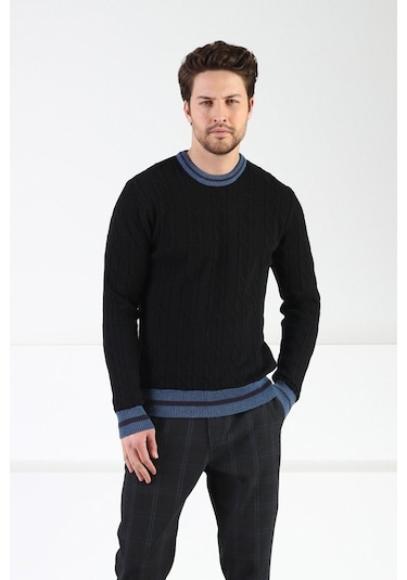 Ferraro Siyah/Indigo Bisiklet Yaka %100 Kuzu Yünü Erkek Kazak Siyah Indigo İndigo - Siyah