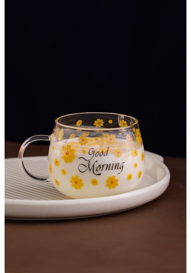 Porsima 2089 2li Borosilikat Isıya Ateşe Dayanıklı Cam Kulplu Çay Bardağı Kahve Bardak Kupa Sarı 400 Ml Şeffaf