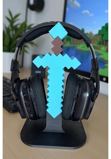 Minecraft Elmas Silah Temalı 3d Baskı Kulaklık Standı Oyuncu Masa Aksesuarı