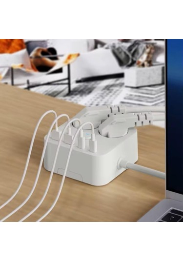 Akım Korumalı 2'li Priz, Çocuk Korumalı Ve Isıya Dayanıklı Yapı, 2x Usb 2x Usb A Girişli Tasarruflu Adaptör, 2 Metre Uzatma Kablosu 1