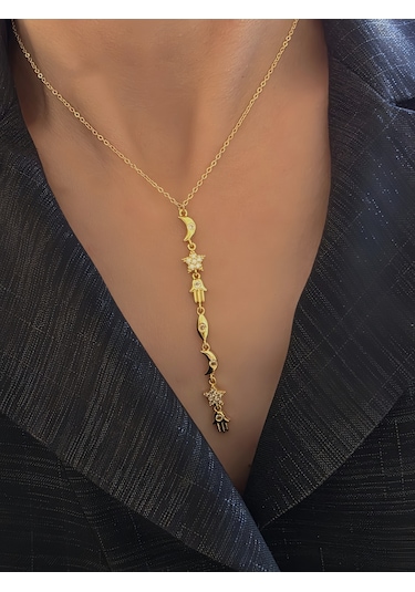 Manifest Y Dikey Sembollü Hamsa Ay Yıldız Figürlü Kolye Gold