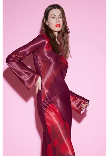 DeFacto Bisiklet Yaka Batik Saten Uzun Kollu Maxi Abiye Elbise E7451AX25SPRD211