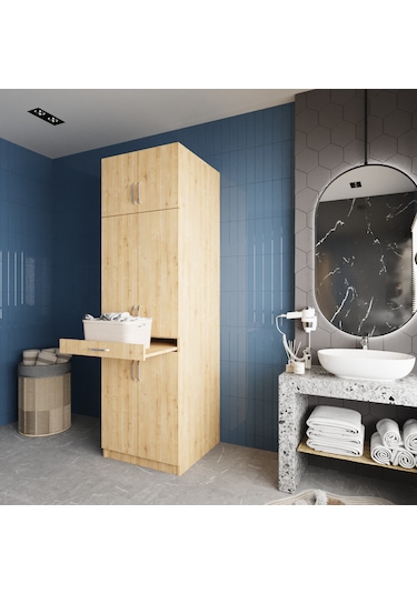 Piramit Çamaşır Ve Kurutma Makinesi Dolabı Banyo Dolabı Meşe Meşe