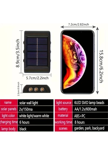 Gateesat 6 Led Güneş Enerjili Dış Mekan Duvar Lambası 4'lü Paket Akıllı Sensör Bahçe Aydınlatma Beyaz Işık