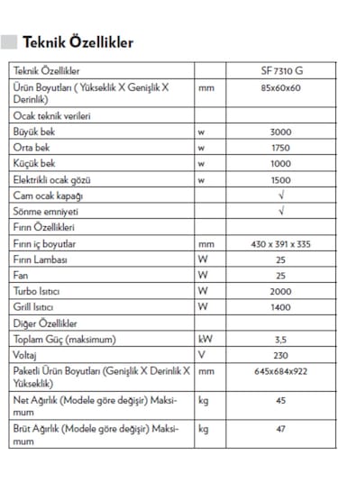 Vestel SF 7310 G 65 LT Turbo Ocaklı Solo Fırın