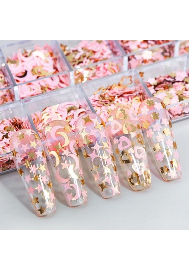 Pembe Ve Gold Tırnak Süsleme Folyo Pulları Karışık Dizayn Ay Yıldız Kalp Nail Art