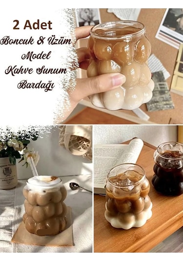 2 Li Set Isıya Dayanıklı Borosilikat Boncuk & Üzüm Şekilli Bardak Boncuklu Tasarım Meyve