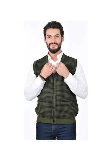 Kamalı Haki Erkek Çelik Örgü Düğmeli Cepli Kazayağı Desen Tüylenmeyen Triko Kışlık Kazak Yelek Haki