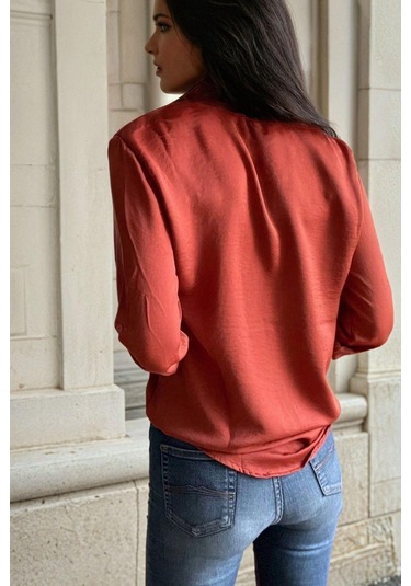 Bordo, Gizli Düğme Detaylı, Regular Kesimli, Saten Gömlek Bordo