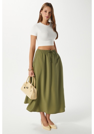 Kadın Seaside Haki Astarlı Bel Lastikli Cepli Dokuma Uzun Etek Haki