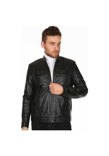 Hakiki Kuzu Derisi Erkek Casual Siyah Deri Mont Siyah