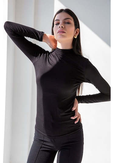 Kadın Dik Yaka Zebra Desenli Body Siyah