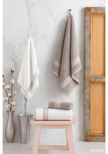 4 Lü Banyo Havlusu Seti %100 Pamuklu 70x140 Cm Pleasure Bej-krem