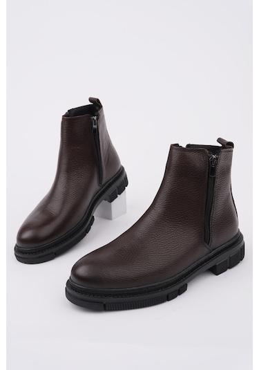 Muggo Chelsea Hakiki Deri Çift Fermuarlı Garantili Erkek Kışlık Bot - Kahverengi