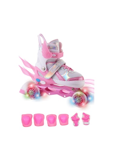 Melek Kanatlı Işıklı Çocuk Pateni Ve Dizlik Seti Silikon Teker Ayarlanabilir Paten Çantalı Pembe Pembe