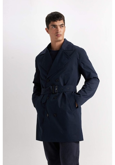 DeFacto Slim Fit Dar Kesim Düğmeli Kemerli Trençkot D5528AX25SPNV253 Lacivert