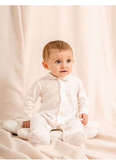 Jakarlı Baskılı, Bebe Yakalı, Patikli Bebek Tulum 1-3 / 3-6 / 6-9 / 9-12 Ay Ekru