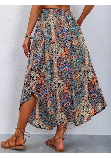 Kadın Beli Lastikli Bağcıklı Asimetrik Kesim Detaylı Desenli Bürümcük Etek Desenli