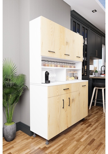 Mirobi Zimbal Çok Bölmeli Dekoratif Mutfak Dolabı Beyaz-rivoli Atlantik Çam Beyaz