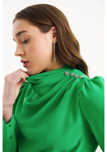 Sateen Düğmeleri Taş Detaylı Bluz - Yeşil
