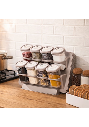 Porsima 5340 8li Etiketli Asmalı Kendinden Yapışkanlı Tezgah Üstü Standlı Döner Kapaklı Baharatlık Seti Cappuccino-krem-350ml