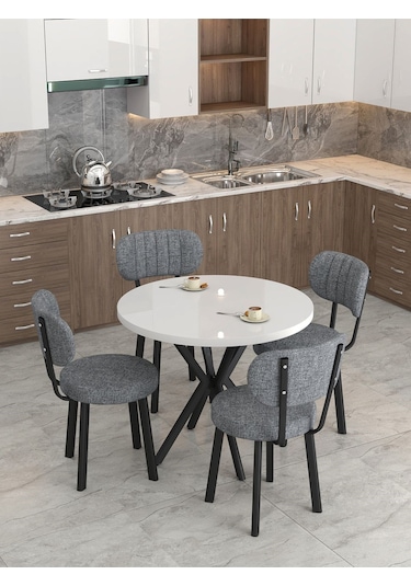 Azra Serisi Beyaz 90 Cm Sabit Yuvarlak Masa, Mutfak Masa Takımı 4 Sandayeli - Koyu Gri Koyugri Azra Serisi Beyaz 90 Cm Sabit Yuvarlak Masa, Mutfak Masa Takımı 4 Sandayeli - Koyu Gri Koyugri
