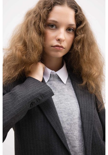 Defacto Oversize Geniş Kalıp Ceket Yaka Düğmeli Çizgili Blazer Ceket D6879ax24auar151 Antrasit