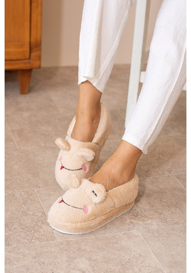 Albishoes Kışlık Içi Tüylü Kadın Ev Ayakkabı Kurbağa Figürlü Kaydırmaz Rahat Taban Panduf Ev Botu Bej
