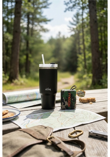 Any Morning Vaha 1200 Ml Çelik Termos, Siyah & Moodix Kamuflaj Bluetooth Hoparlör Seti Siyah