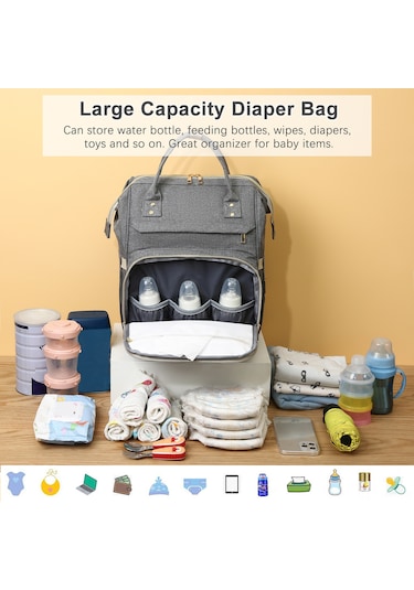 Hangfox Unisex Çift Omuzlu Bebek Çantası, Isı Yalıtımlı Biberon Cepler, Bebek Arabasına Takılabilir, Usb Şarj Portu, Su Geçirmez Nilon, Halka Gri Gri