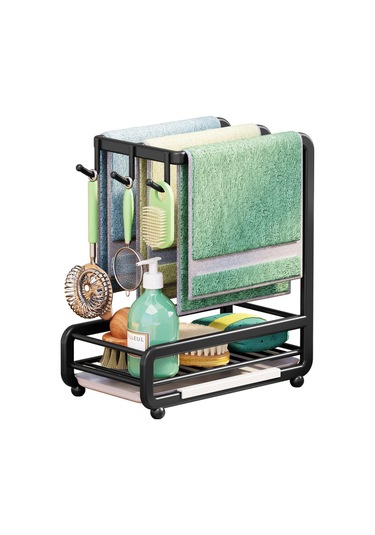 Jms Mutfak Lavabo Caddy Organizatör Karbon Çelik Duvara Monte Tezgah Havlu Rafları Sünger Tutucu Siyah