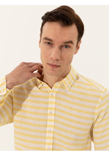 Cacharel Sarı Keten Karışımlı Slim Fit Uzun Kollu Gömlek