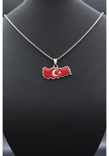 Türk Bayrağı - Ay Yıldızlı Mineli Kolye Paslanmaz Çelik Zincir 902296 Gümüş