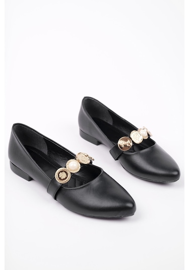 Muggo Poena Broş Detaylı Tek Bantlı Günlük Kadın Babet Sıyah