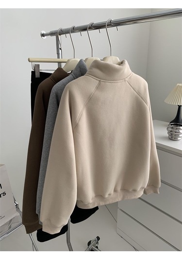 Snapbuy İçi Polarlı, Fermuarlı, Dik Yaka Kadın Sweatshirt Ceket Krem