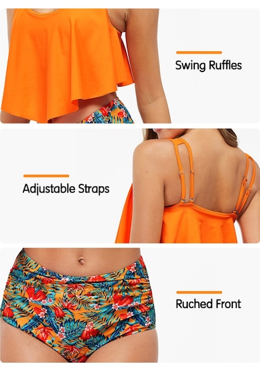 Mufunye Bayan İki Parça Mayo - Mor Kırmızı Desenli, Yüksek Bel, Düzgünsüz Yaprak Kenar, Ayarlanabilir Omuz Kordonu S, Asya Beden Gül