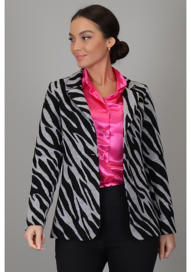 Sweetness Kadın Siyah Gri Zebra Desenli Astarsız Tek Düğme Ceket Gri
