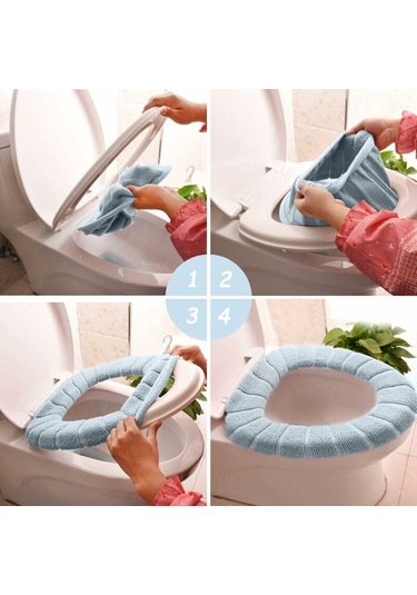 Yumuşak Tuvalet Oturağı Minderi 2 Parça Set Bej Mavi Triko Örgü B Diğer