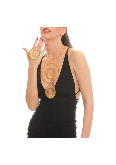 Kadın Mat Altın Kaplama Dairesel Formlu Açık Bant Tasarım Kolye & Yüzük Set Altın