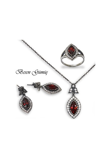 Oval Kırmızı Taşlı Otantik Gümüş Set Rose Gold - Gümüş