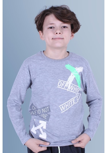 X Baskılı Uzun Kollu Erkek Çocuk Gri Sweatshirt Gri