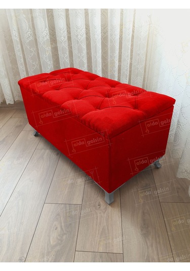 Lüks Sandıklı Kapitoneli Ayakucu Puf Bench 100 Cm Gümüş Ayak Kırmızı