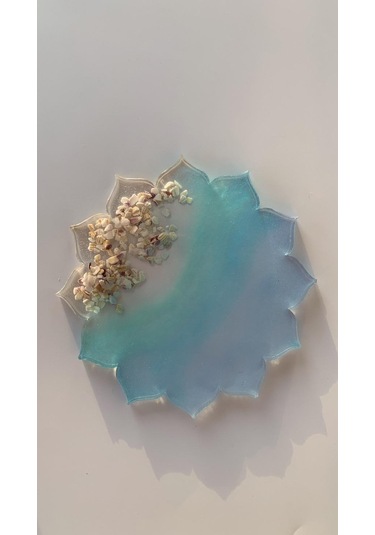 Su Mavisi Ve Yeşili Deniz Kabuklu Güneş Şekil Epoksi Bardak Altı Su Mavisi