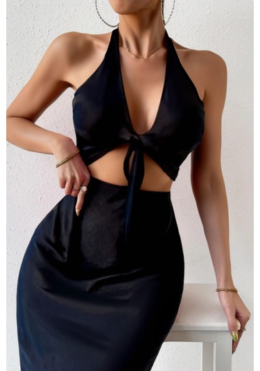 Önden Bağlama Crop Parlak Saten Dizaltı Etek Takım Siyah