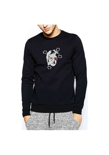 John Lennon Baskılı Siyah Erkek Örme Sweatshirt