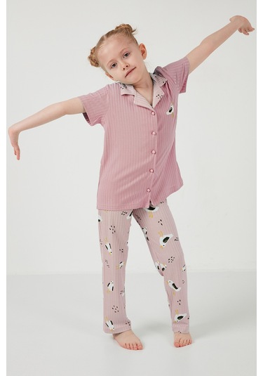 Lela Baskılı Beli Lastikli Gömlek Yaka Kısa Kollu Kız Çocuk Pijama Takımı 6576001 Pembe